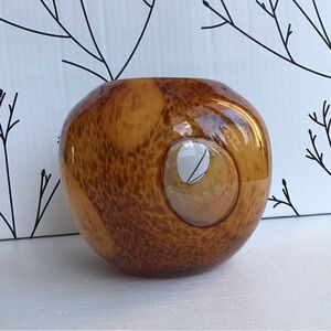 Round Hand Blown Glass Candle Bowl Vase with Clear Glass Windows 4 3/4 Inch Tall